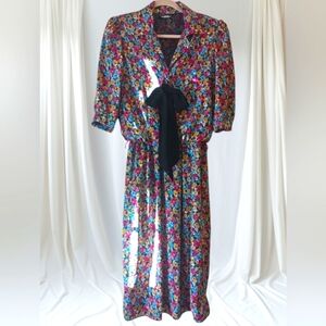 Vintage Breli Originals Bow Detail Midi Dress Elastic Waist. Sz 12 Made in USA